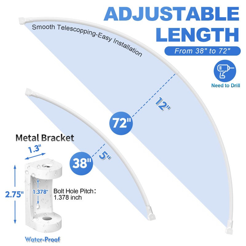 PrettyHome Curved Shower Curtain Rod For Bathroom 38-72 Inches, Adjustable Length, Curved Shower Rod, Metal Rods&Brackets, Round Shower Curtain Rods, Rotate Bracket For Large Shower Space, Need Drilling, White - Image 3